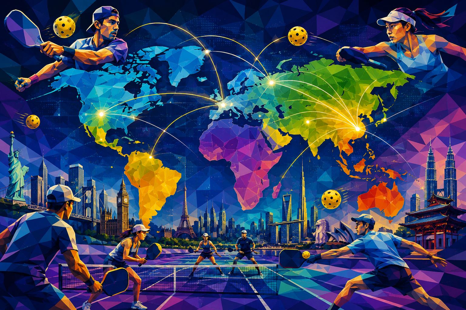 A world map overlaid with pickleball court graphics showing the growth of global pickleball 2026.