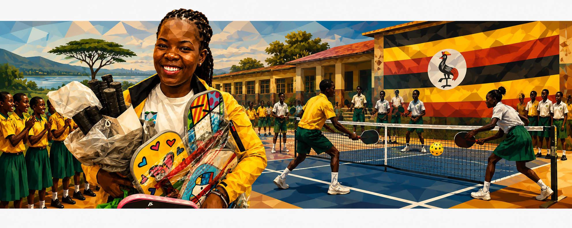 School children in Gulu, Uganda playing with paddles to demonstrate the growth of Uganda pickleball.