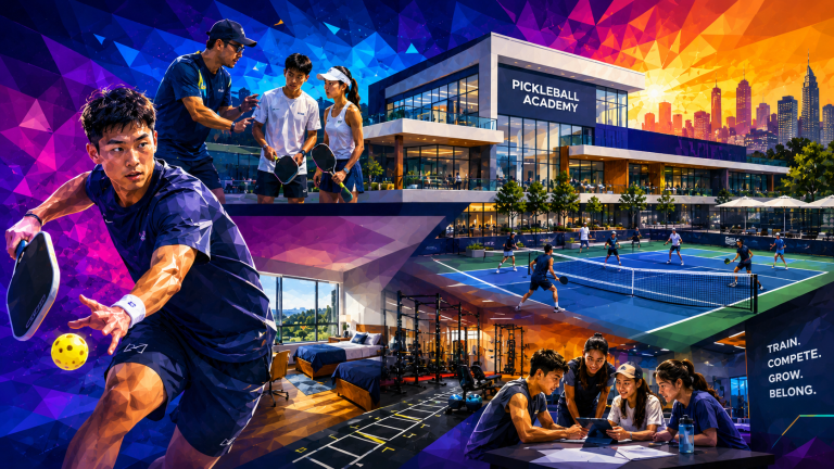 Youth players training at the new residential pickleball academy Asia campus in Hainan, China.