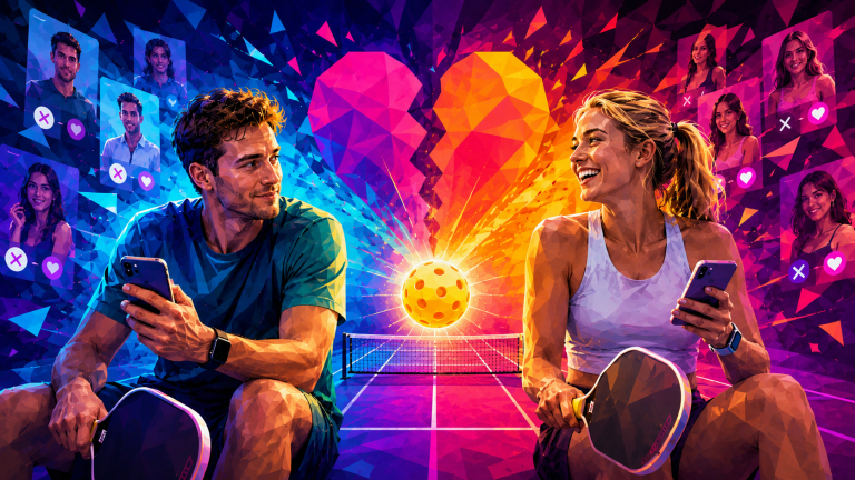 A group of young people laughing on court at a social Tinder pickleball mixer event.