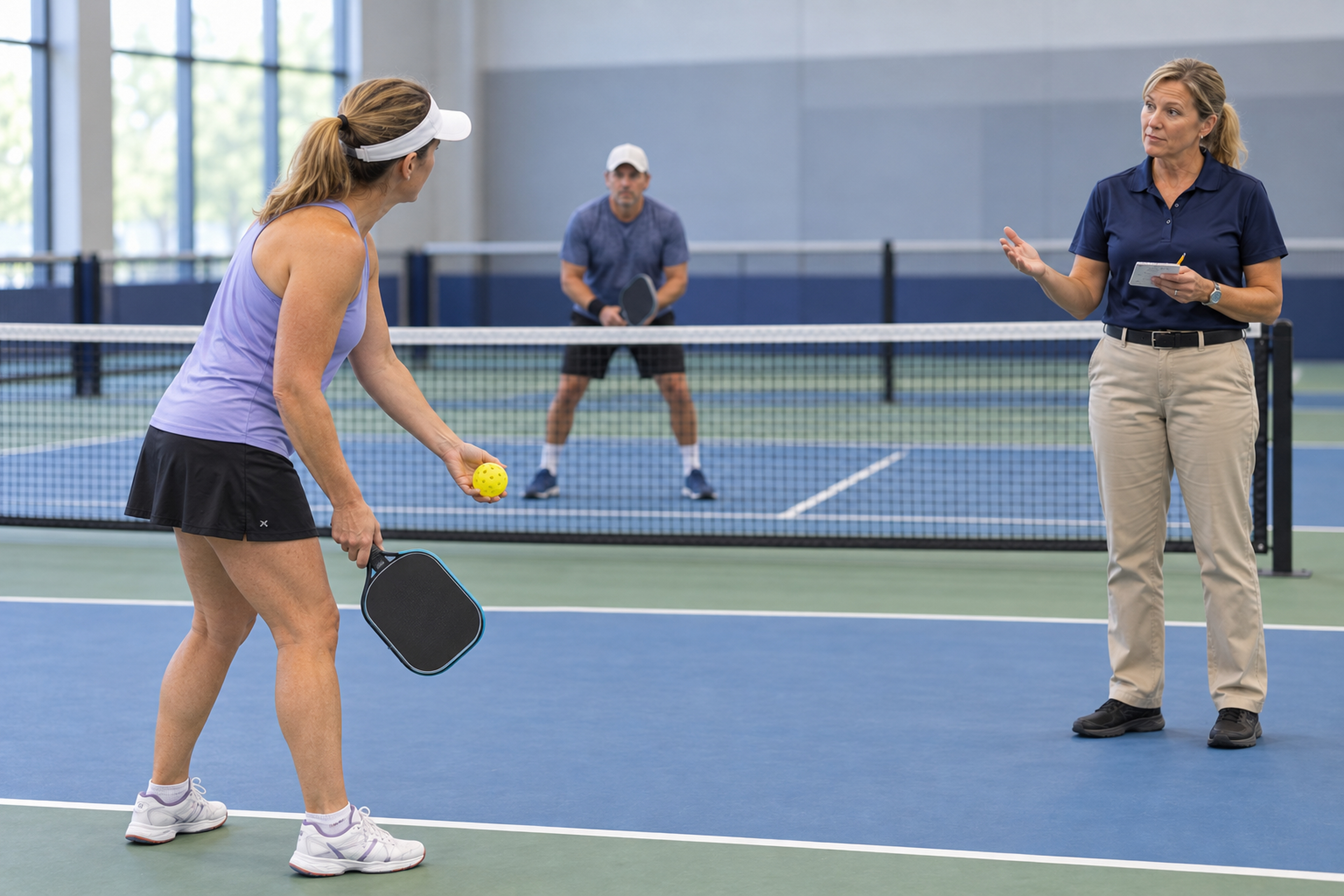 Confirming server and receiver positions before the referee initiates the score call.