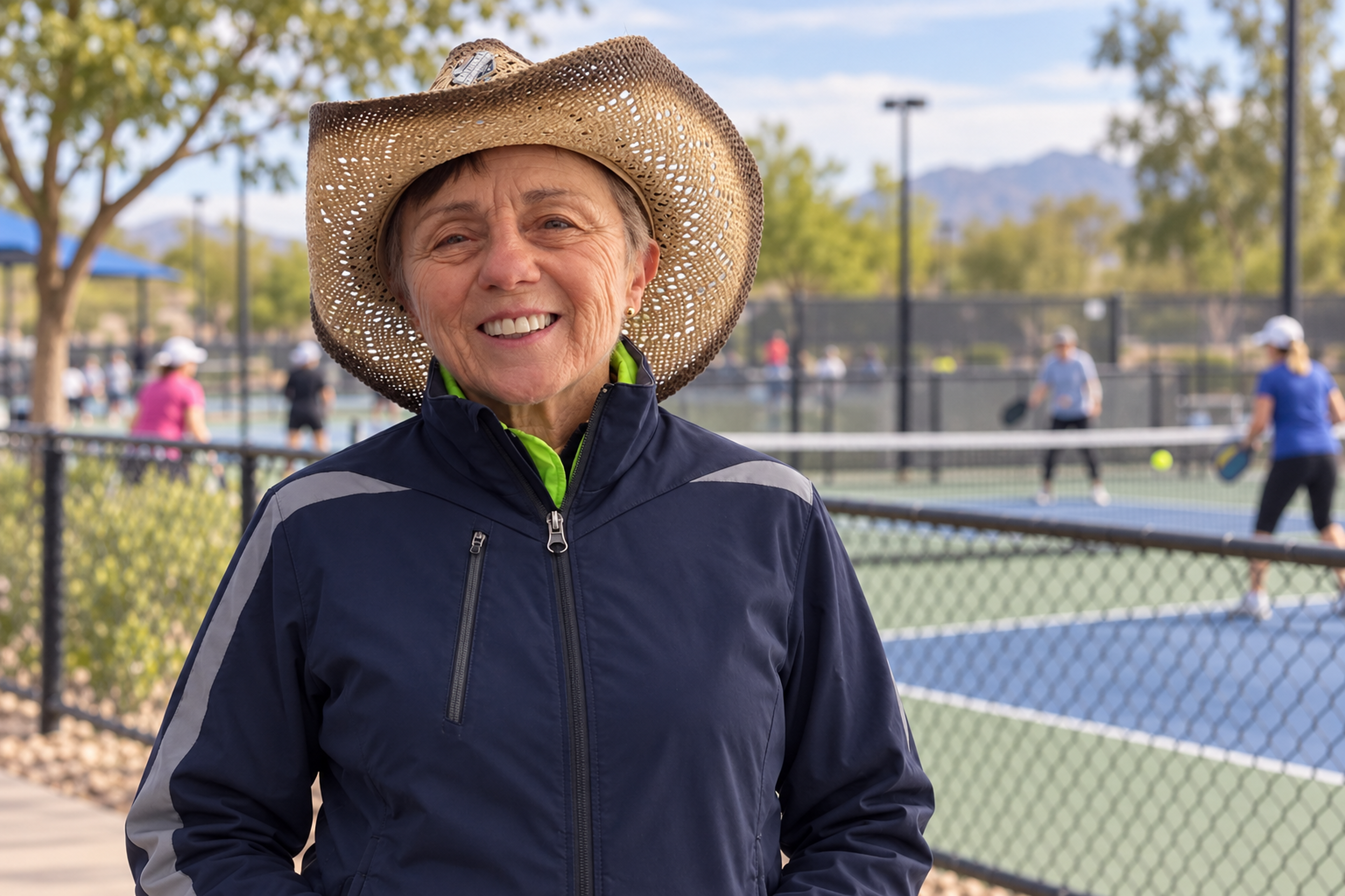 Marsha Freso officiating on centre court during the formative years of championship pickleball.