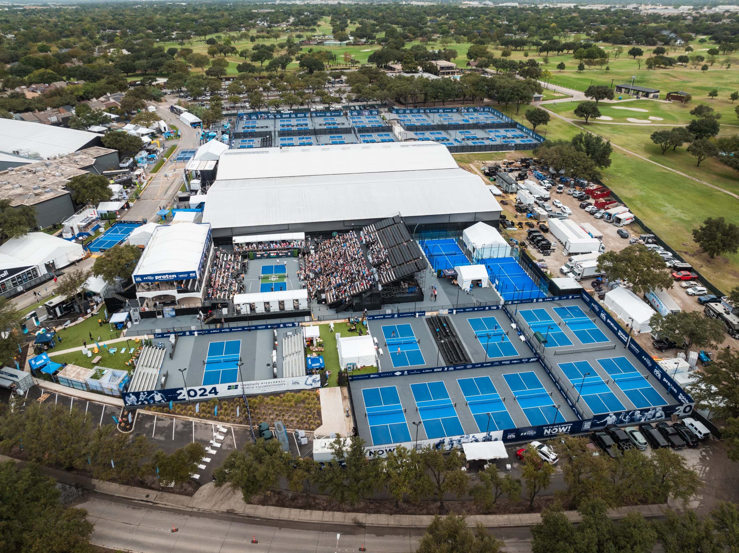 Aerial view of the pickleball courts at Brookhaven Country Club in Dallas