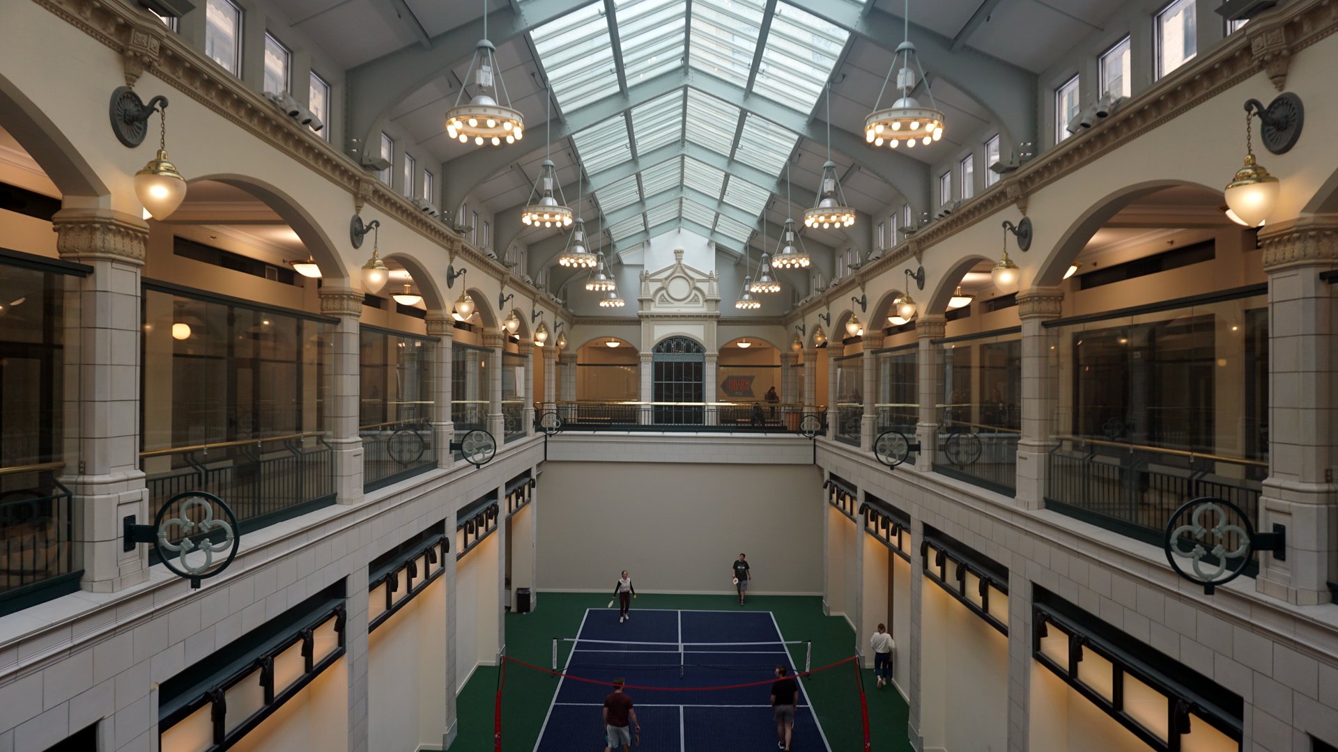Indoor pickleball court in the Plankinton Arcade, Milwaukee