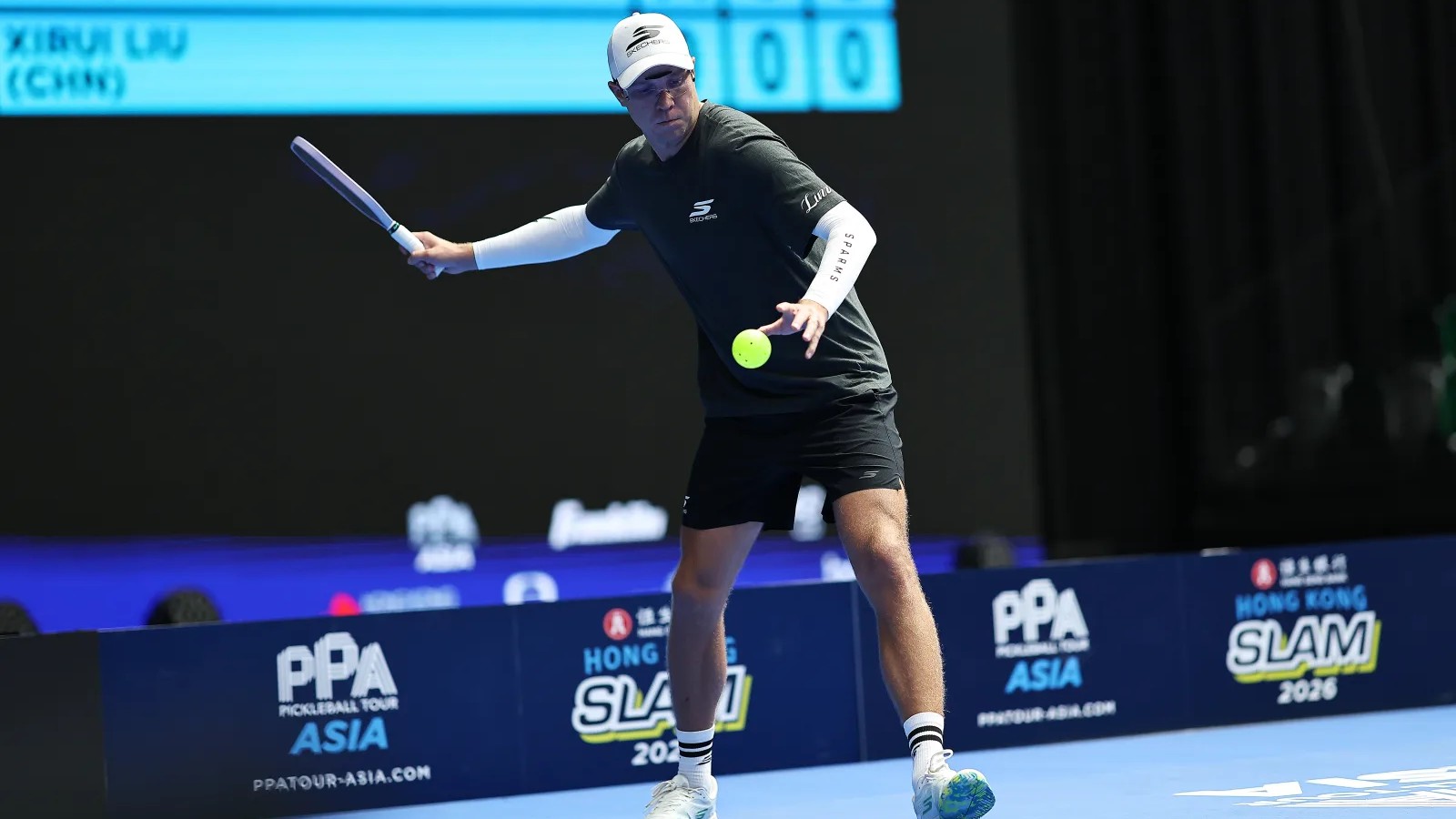 Christopher Haworth in action at Kai Tak Arena during his first PPA Tour Asia match at the Hong Kong Slam